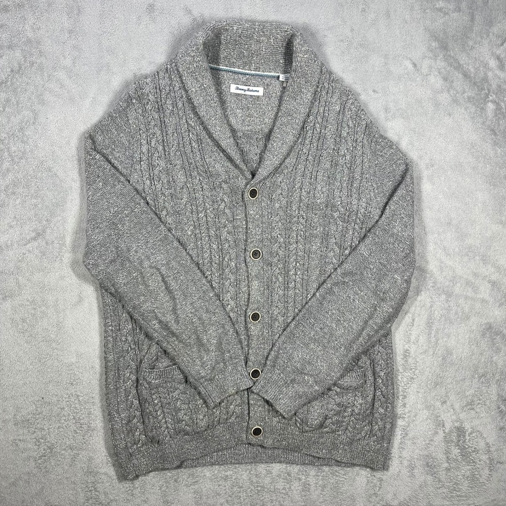 Tommy Bahama Cardigan Mens Large Grey Cable Knit Shawl Collar Cotton Sweater